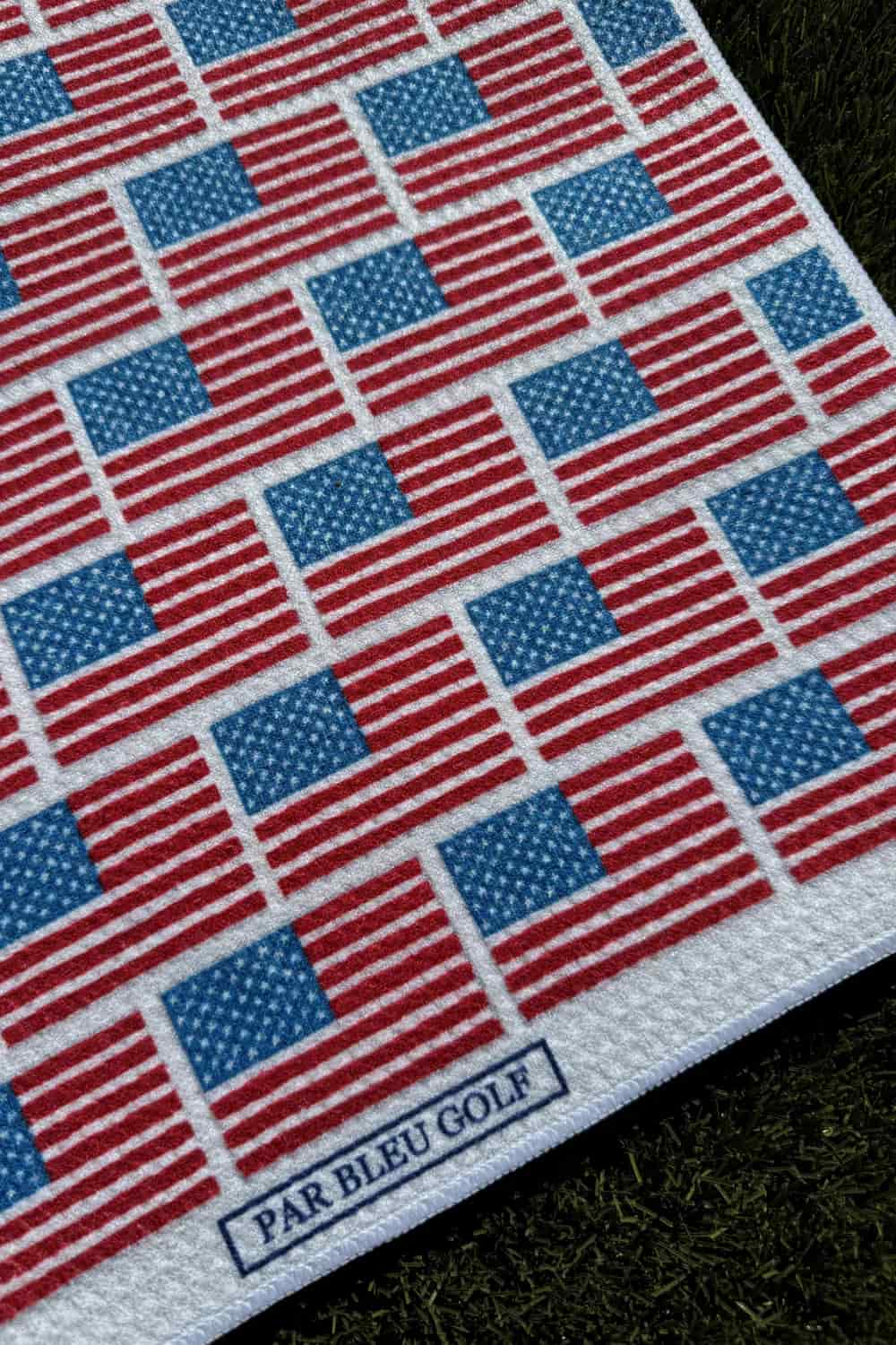Close-up of the Stars & Stripes print with vivid red, white, and blue colors and Par Bleu Golf branding.