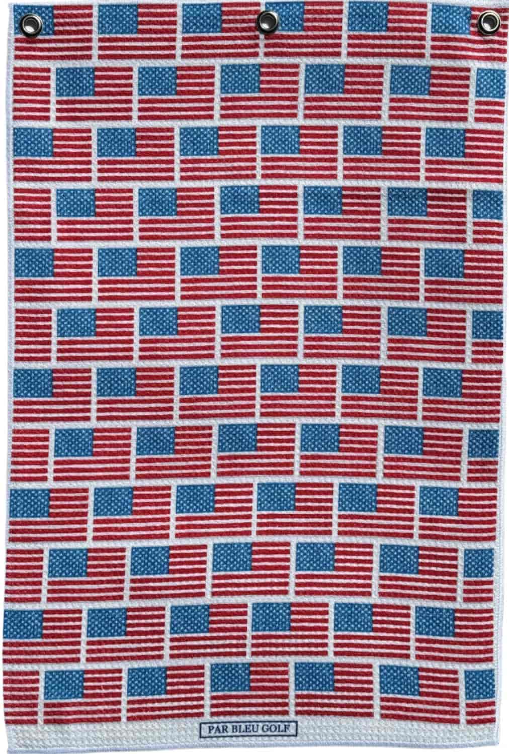 Full-length view of the flag towel laid flat, showcasing repeated flag pattern on durable microfiber.