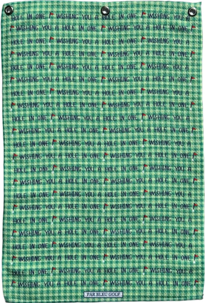 Full view of green microfiber towel with inspirational golf message, perfect for tournaments or golf gifts