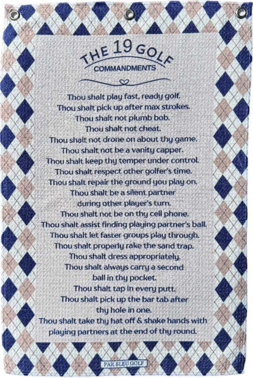 Full front view of The 19 Golf Commandments towel with funny golf rules and blue argyle design