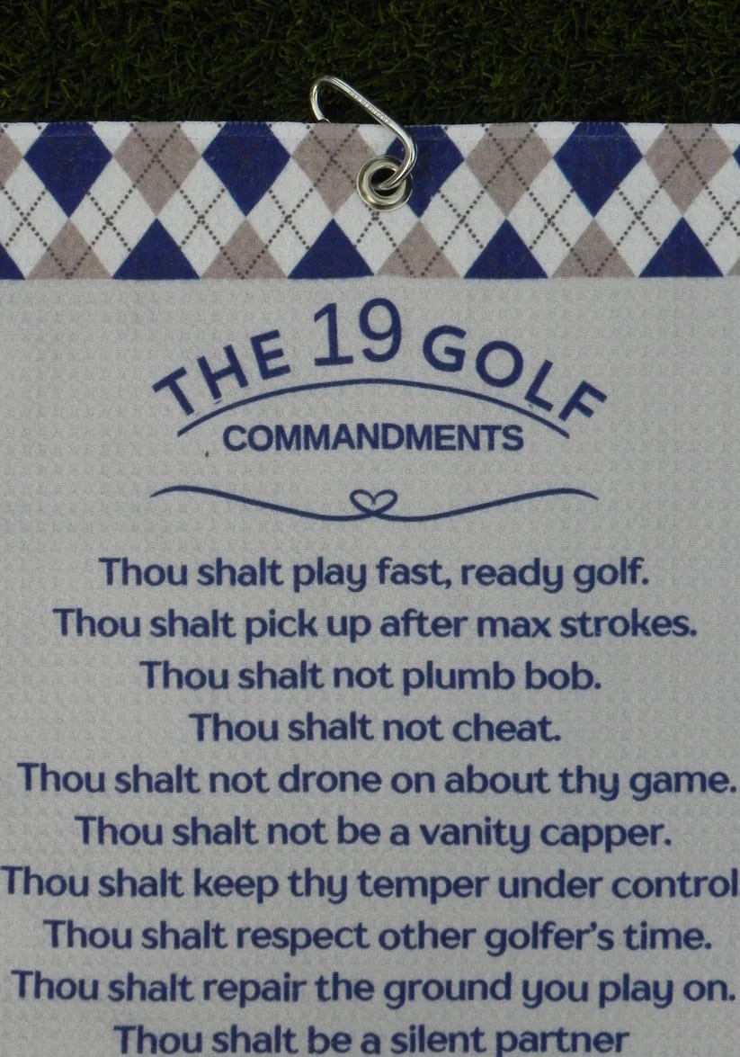 Microfiber towel with golf commandments text and carabiner attachment