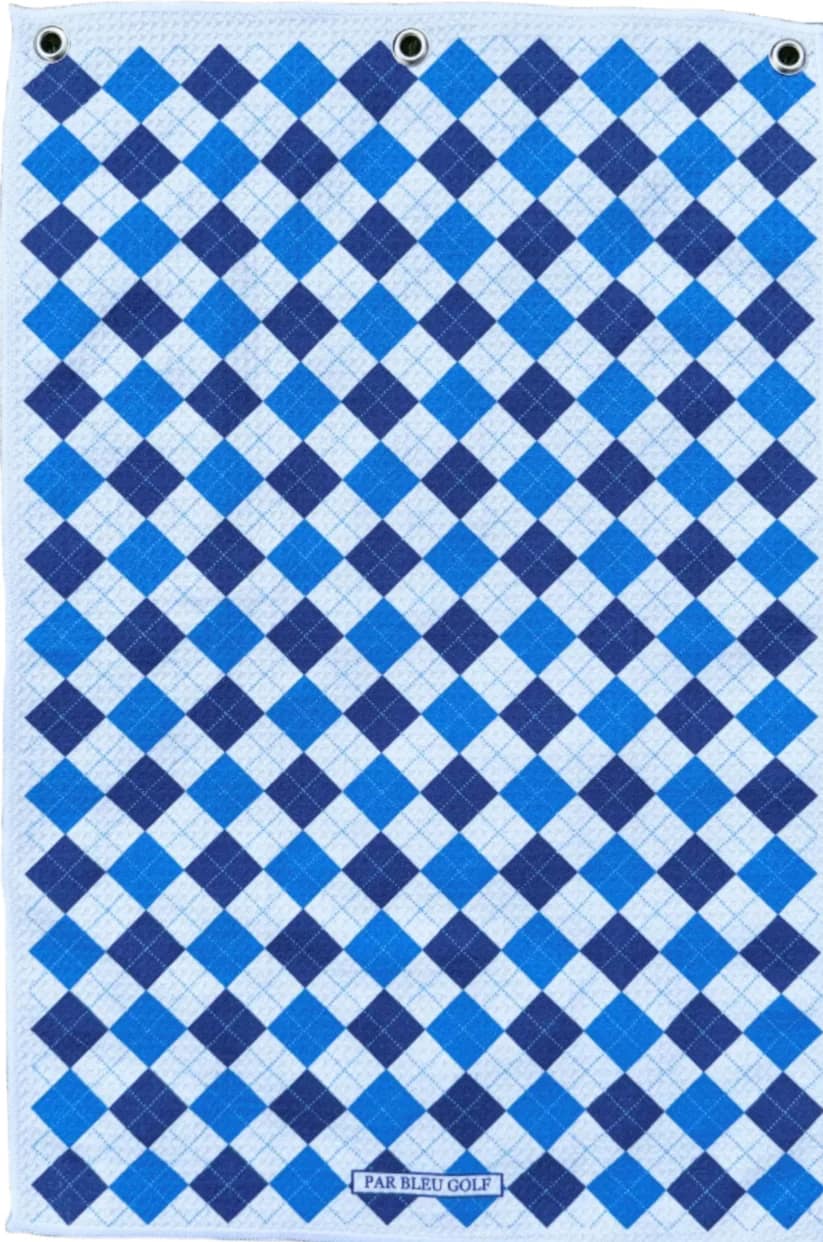 Full view of The Argyle Chipper: Blue & Bleu microfiber golf towel with bright blue argyle print