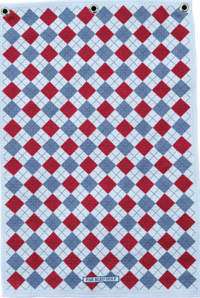 Full display of red and grey argyle microfiber golf towel with white background