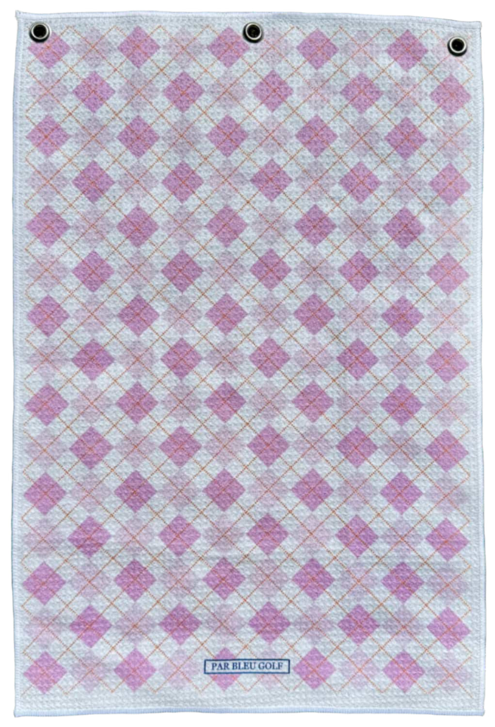 Full view of The Argyle Chipper: Pink golf towel showing soft pink and white diamond plaid design