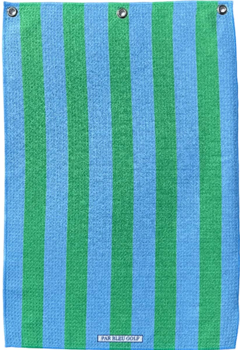Full front view of blue and green cabana stripe golf towel with vertical beach-style lines