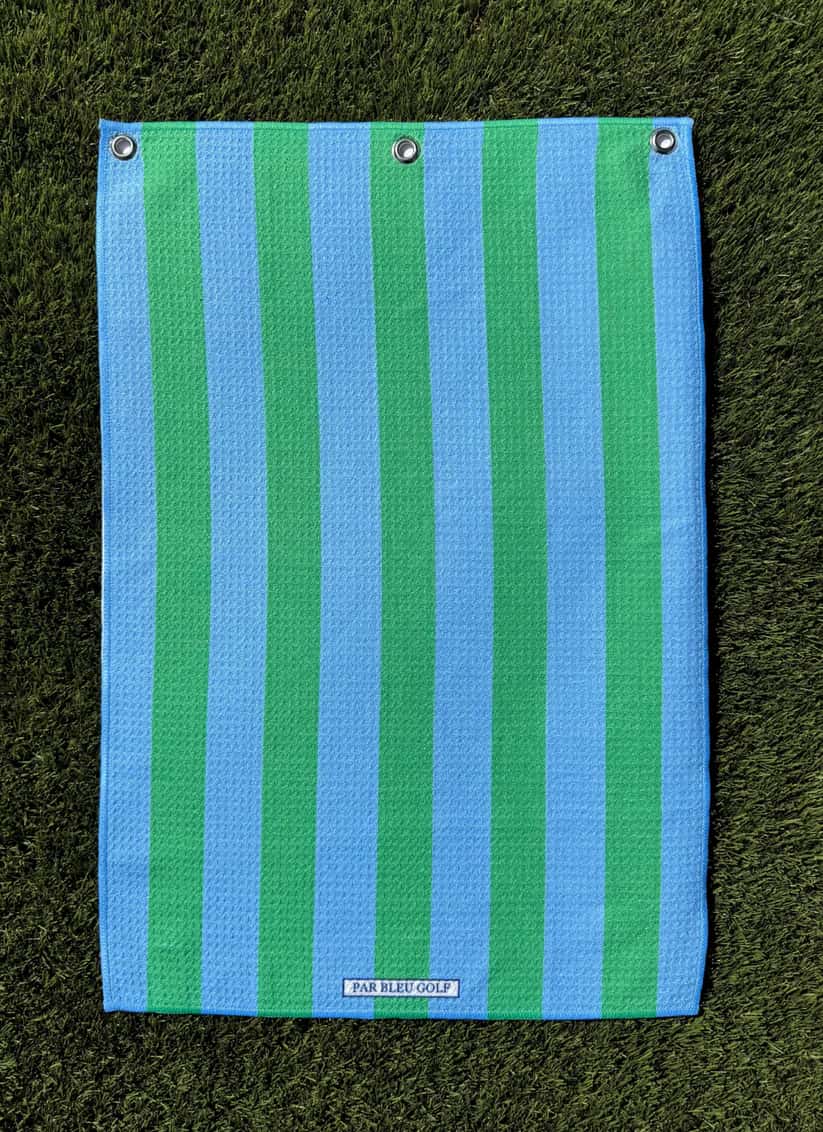 The Cabana Stripe: Blue & Green microfiber towel laid flat showing full vertical stripe design