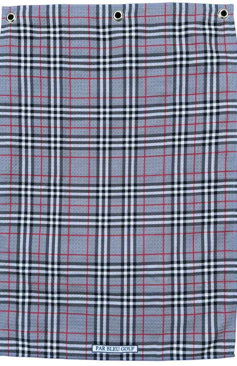 Full front view of The Grey Plaid towel with traditional grey, red, and black plaid pattern