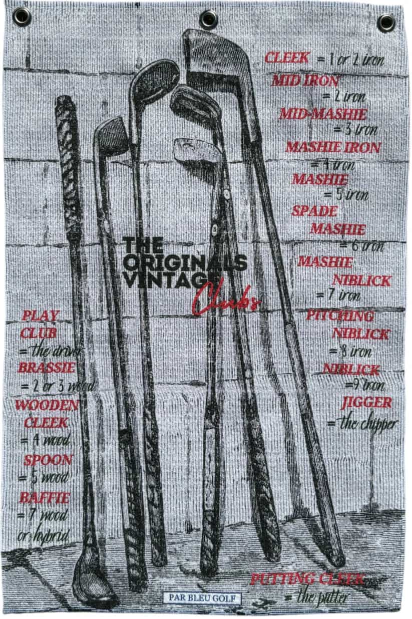 Full front view of The Originals golf towel with printed diagram of early wooden golf clubs and text labels