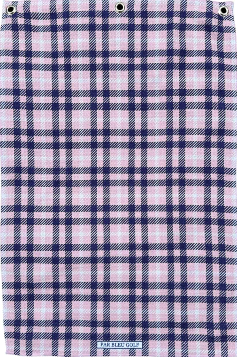 Full front view of The Pink Plaid golf towel featuring checkered pink and purple plaid design