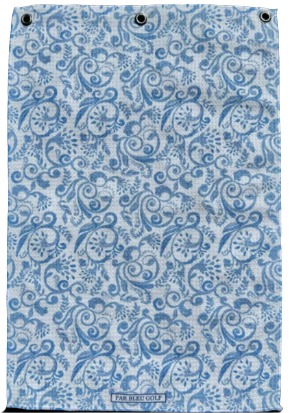 Full front view of The Toile: Blue golf towel with elegant blue and white print design