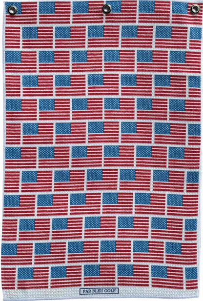 Full-length view of the flag towel laid flat, showcasing repeated flag pattern on durable microfiber.