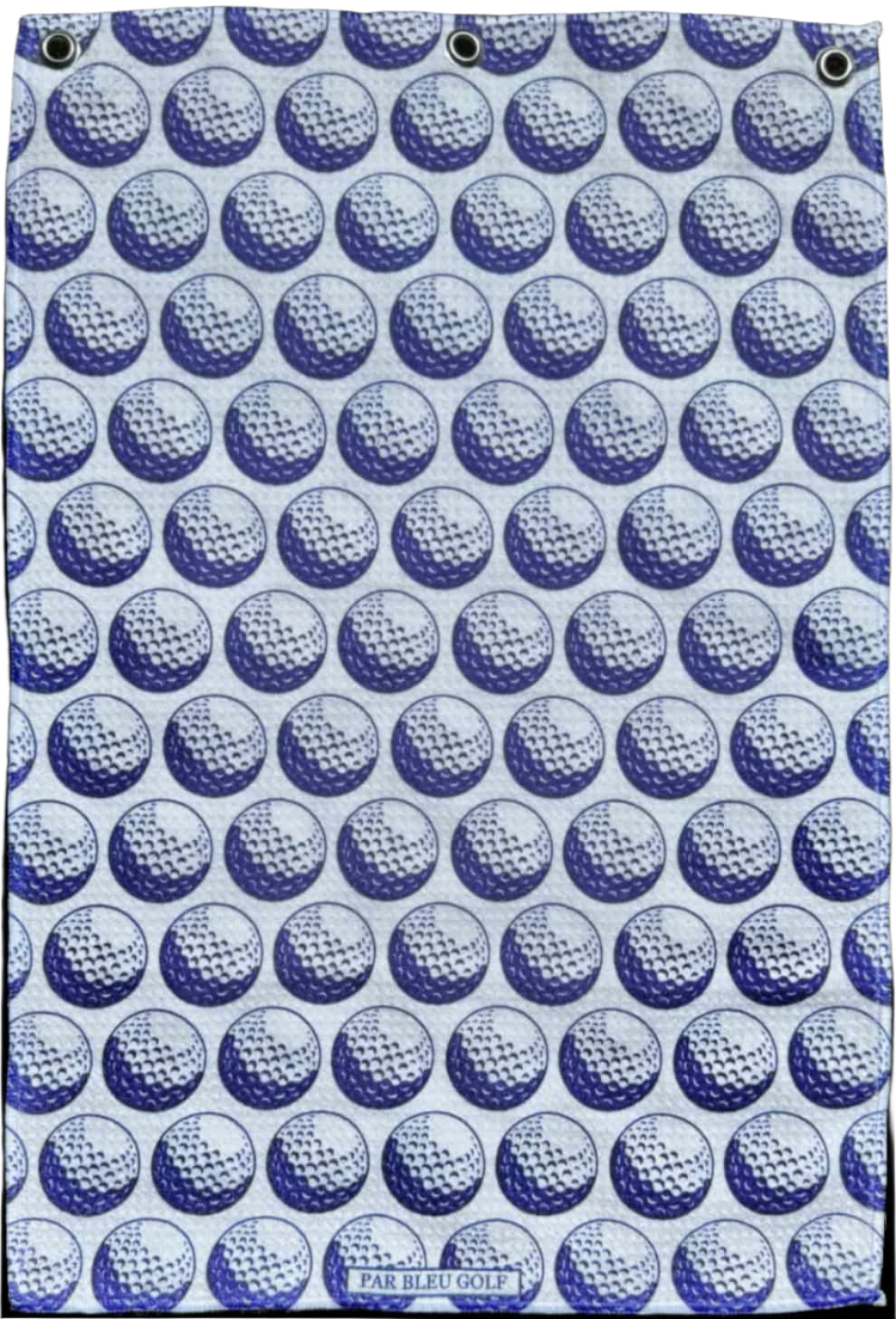 Full vertical layout of the blue towel with repeating golf ball print—lightweight, quick-drying, and built for the course.