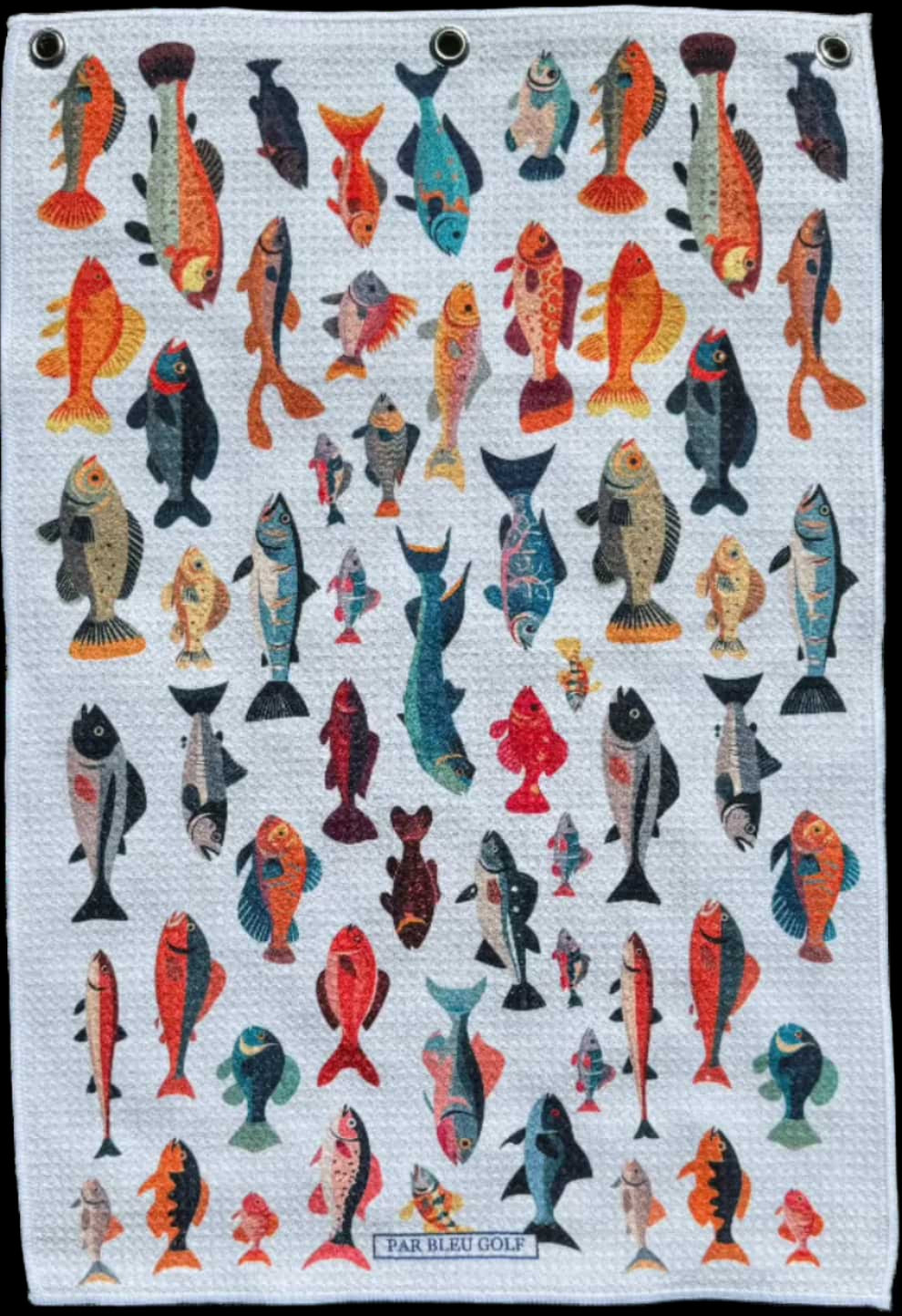 Full display of Colorful Fishies golf towel featuring bold, playful koi fish pattern on white background
