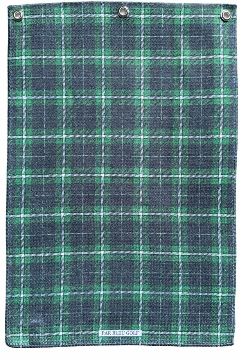 Full view of classic tartan plaid microfiber golf towel, stylish and absorbent on-course essential