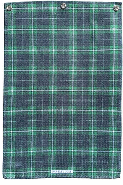 Full view of classic tartan plaid microfiber golf towel, stylish and absorbent on-course essential