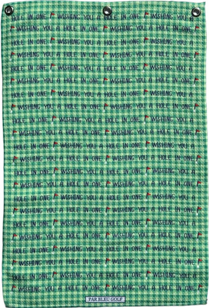 Full view of green microfiber towel with inspirational golf message, perfect for tournaments or golf gifts