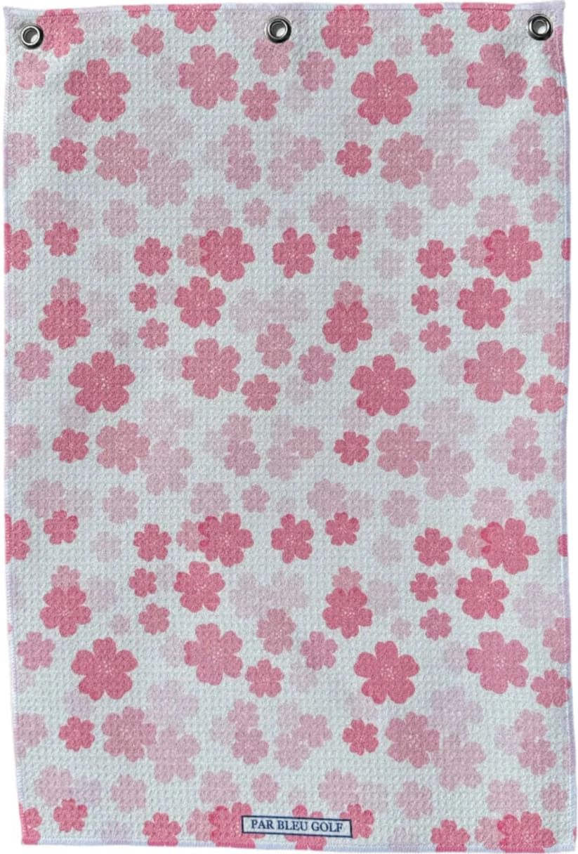 Full view of Pretty in Pink Floral golf towel featuring a soft cherry blossom print on white microfiber