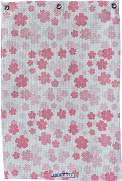 Full view of Pretty in Pink Floral golf towel featuring a soft cherry blossom print on white microfiber