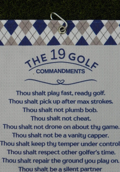 Microfiber towel with golf commandments text and carabiner attachment