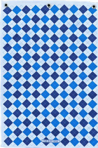 Full view of The Argyle Chipper: Blue & Bleu microfiber golf towel with bright blue argyle print