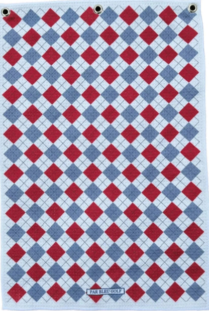 Full display of red and grey argyle microfiber golf towel with white background