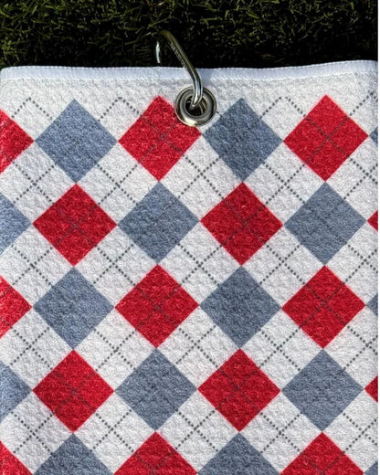 Cardinal and grey plaid golf towel hanging by metal carabiner clip with diamond print detail