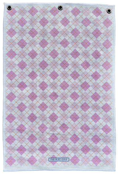 Full view of The Argyle Chipper: Pink golf towel showing soft pink and white diamond plaid design