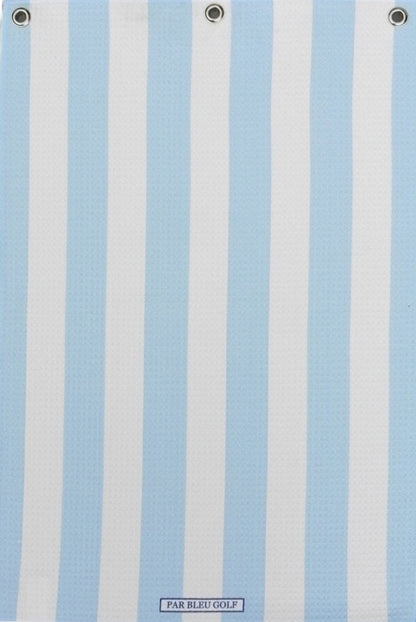 Full view of The Cabana Stripe: Blue & White golf towel showing vertical stripe design