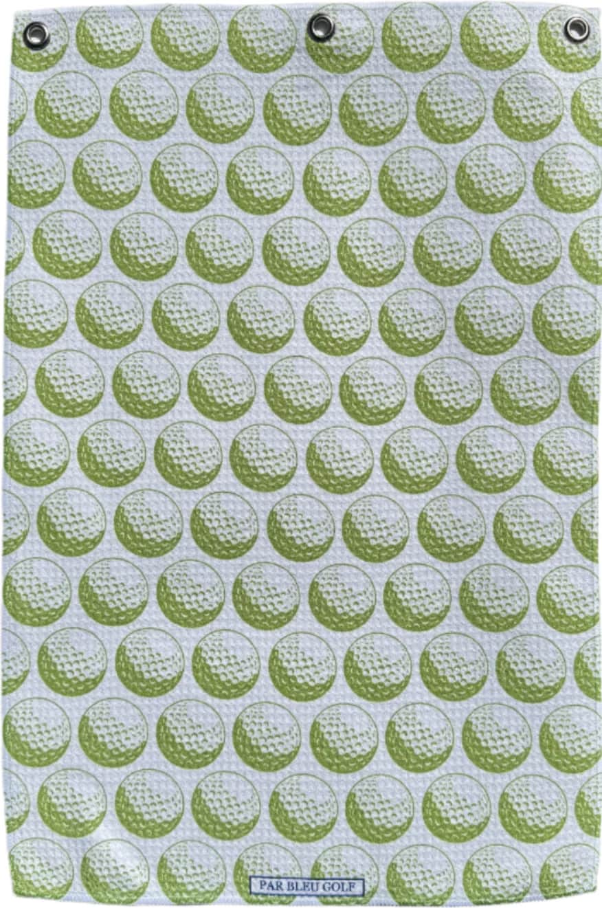 Full view of The Golf Ball: Green towel featuring bright golf ball pattern