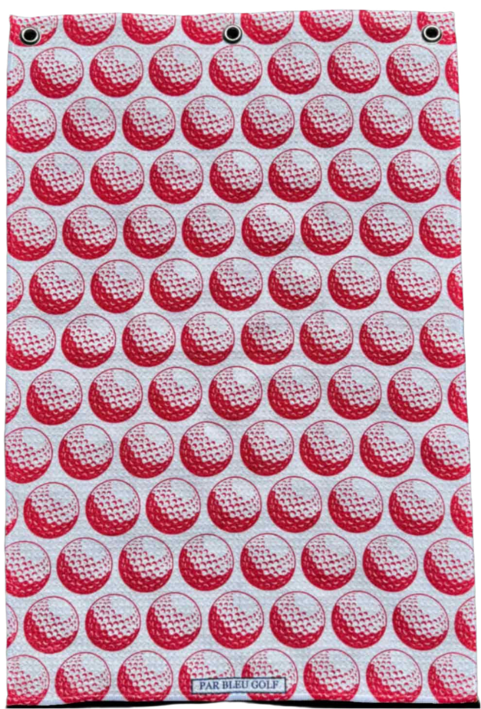Full front view of The Golf Ball: Red microfiber golf towel showing entire print