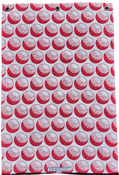 Full front view of The Golf Ball: Red microfiber golf towel showing entire print