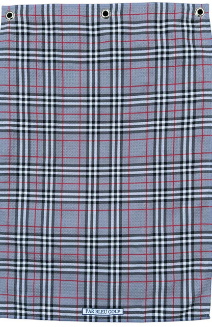 Full front view of The Grey Plaid towel with traditional grey, red, and black plaid pattern