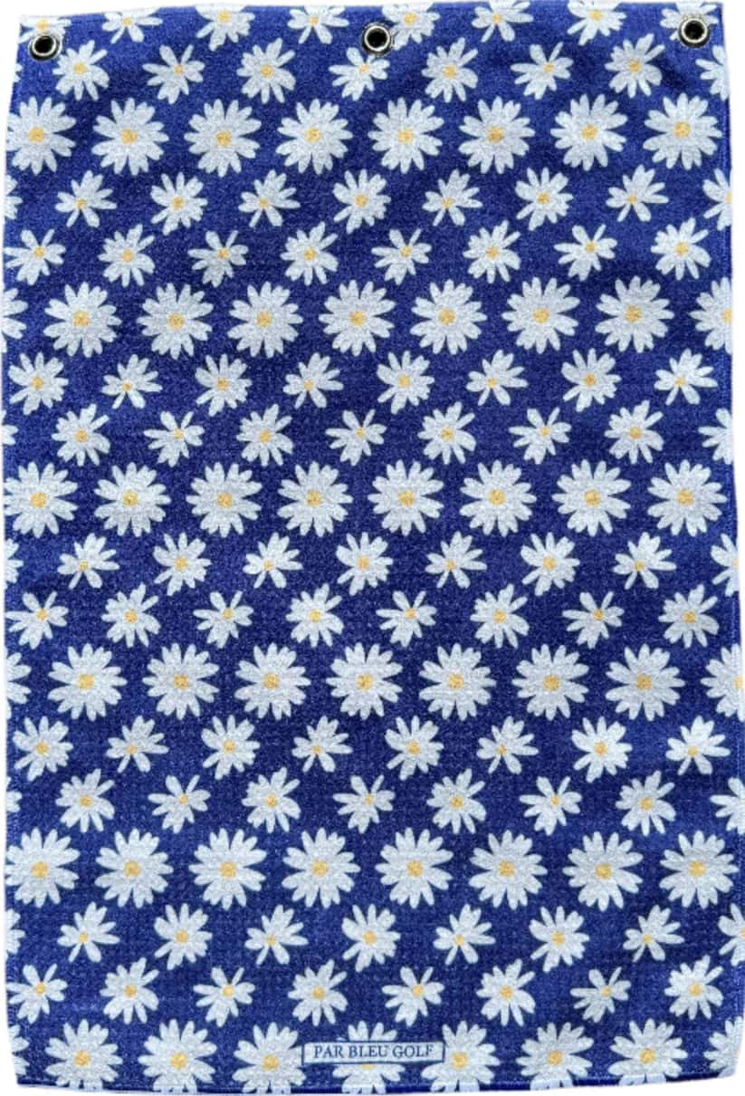 Full front view of navy and white daisy golf towel, soft and lightweight for women golfers
