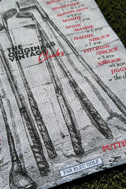 Close-up of Par Bleu towel showcasing The Originals vintage golf club graphic and microfiber texture