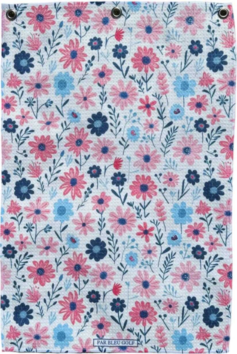 Full front view of soft microfiber women’s golf towel with pink, navy, and blue floral pattern