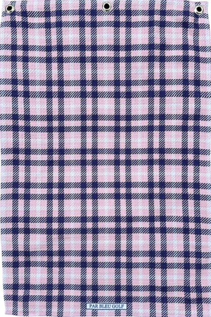 Full front view of The Pink Plaid golf towel featuring checkered pink and purple plaid design