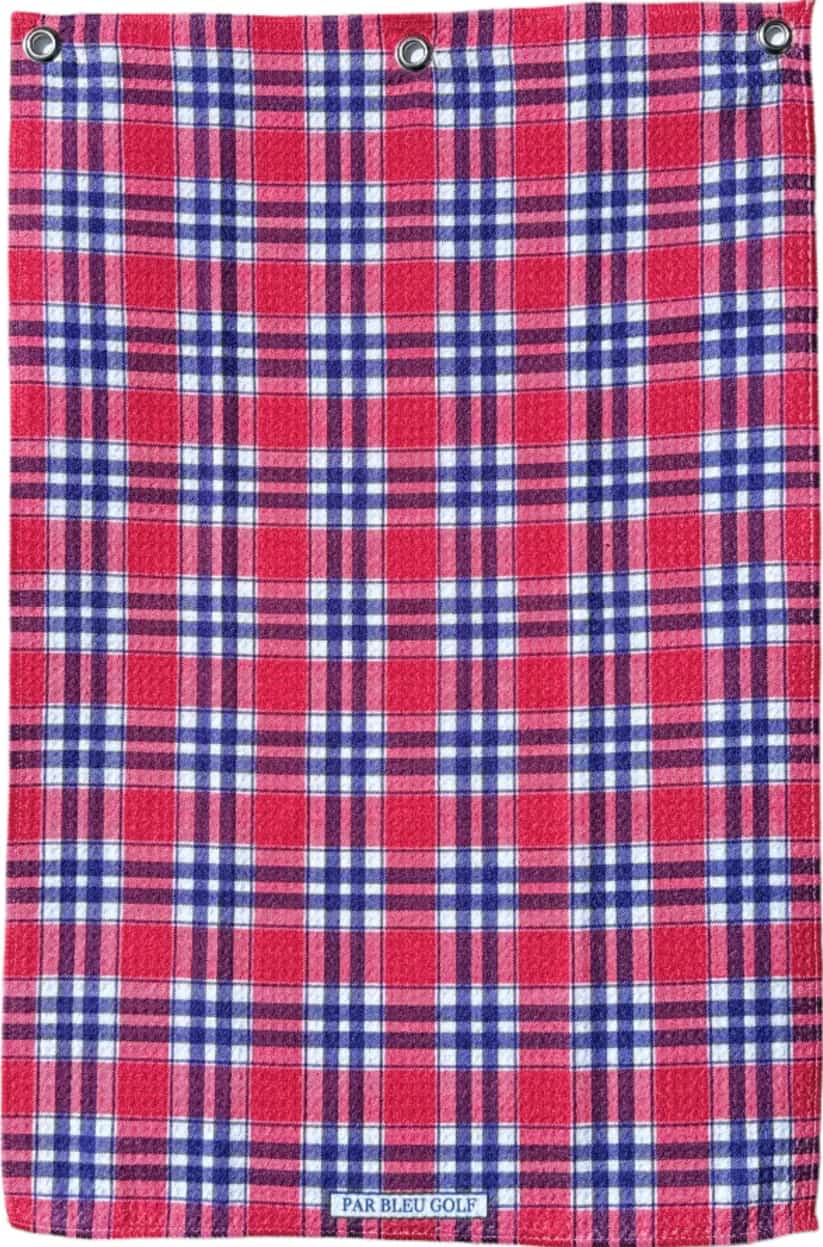 Full front view of Par Bleu’s Red Plaid golf towel featuring navy and white plaid stripes