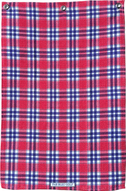 Full front view of Par Bleu’s Red Plaid golf towel featuring navy and white plaid stripes