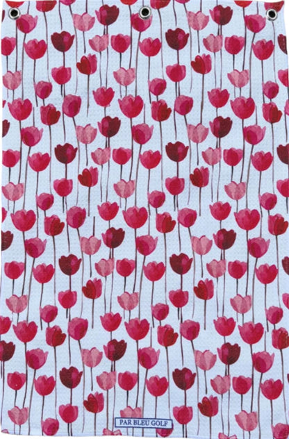 Full view of Red Tulips towel with blooming floral design on white background, soft microfiber towel for golf