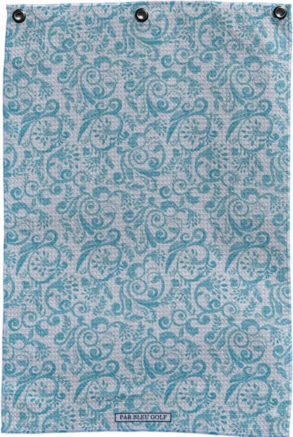 Microfiber golf towel in soft teal Toile pattern shown flat, ideal for stylish on-course cleanup